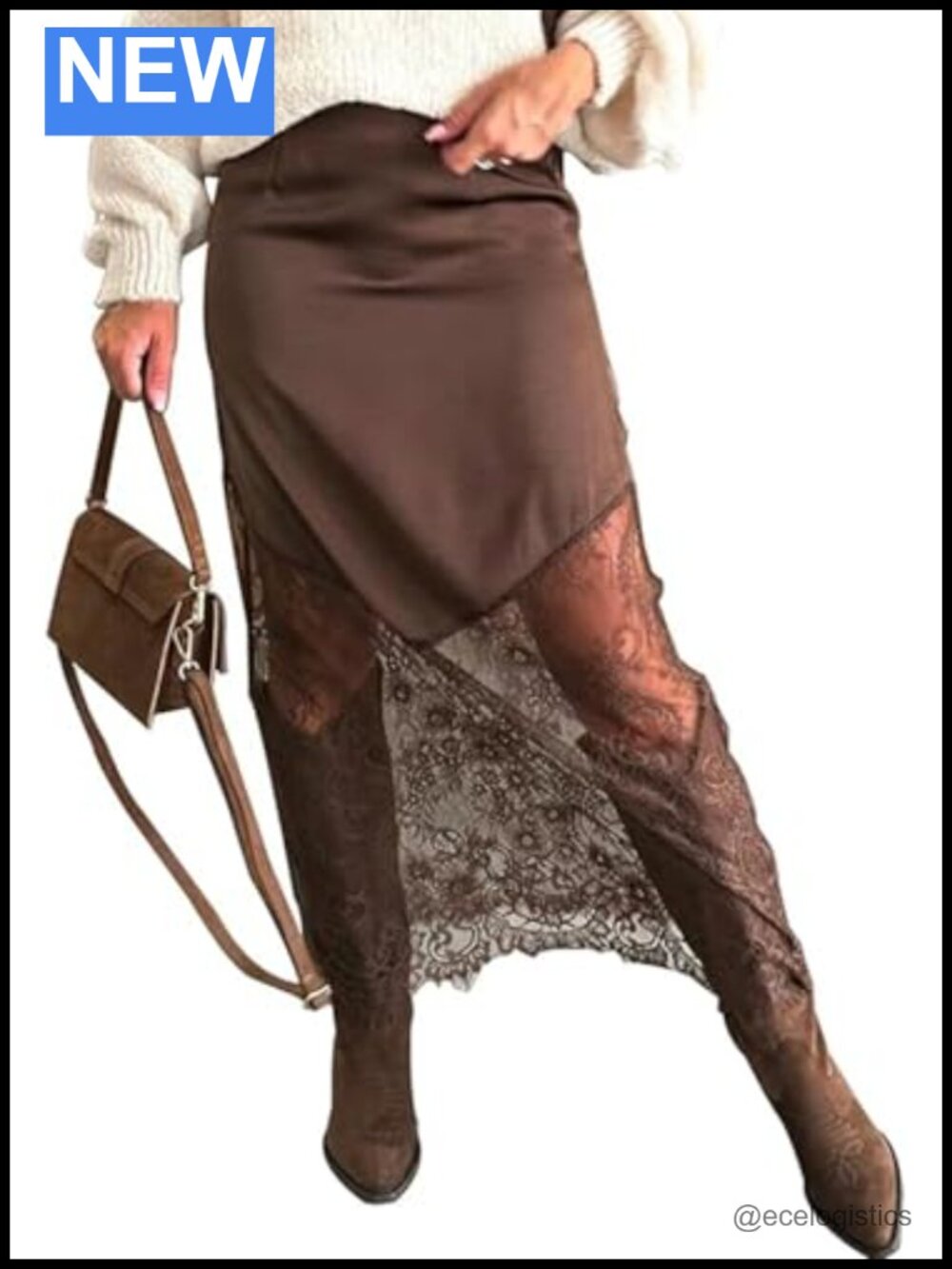 Women's High Waist Lace Patchwork A-Line Maxi Skirt Y2K Satin Elegant Night Out